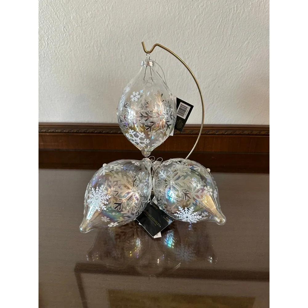 Robert Stanley Iridescent Glass Snowflake Ornaments Set of 3 Teardrop 6'' Jumbo